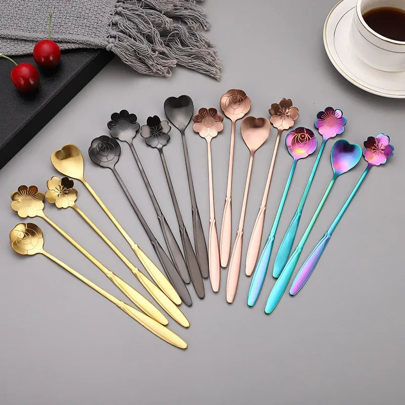 4pcs Long Flower Spoon Stainless Steel Dessert Spoons Gold Long Handle Teaspoon