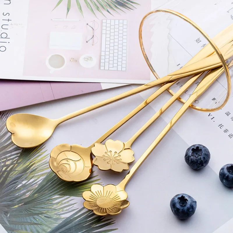 4pcs Long Flower Spoon Stainless Steel Dessert Spoons Gold Long Handle Teaspoon