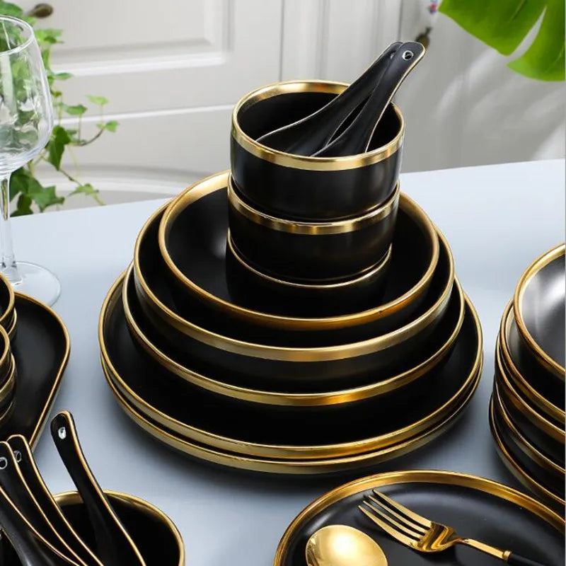 Gilt Rim Black Porcelain Dinner Plates Kitchen