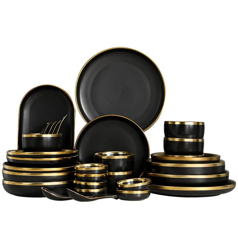 Gilt Rim Black Porcelain Dinner Plates Kitchen