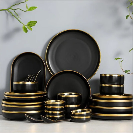 Gilt Rim Black Porcelain Dinner Plates Kitchen